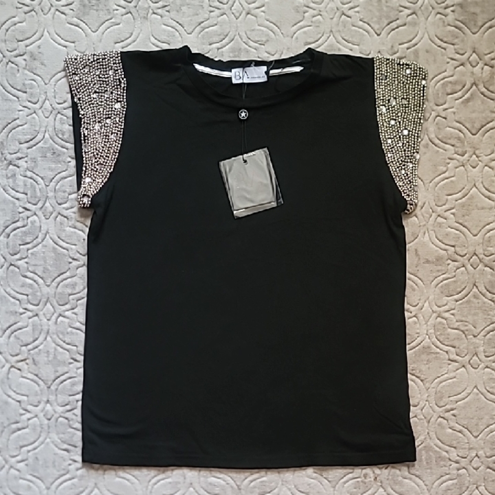 Black Top with Silver Embellished Sleeves Medium